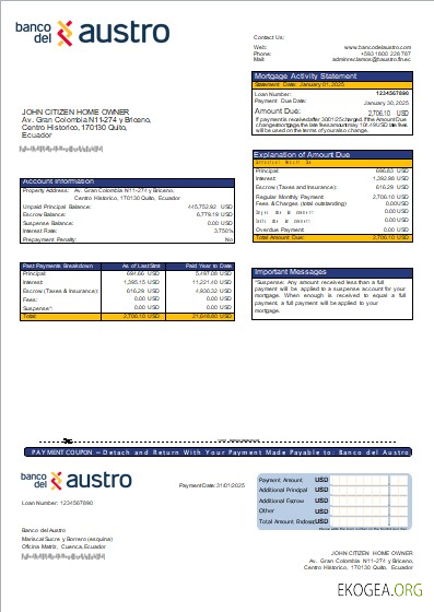 Équateur Banco del Austro relevé hypothécaire bancaire scr